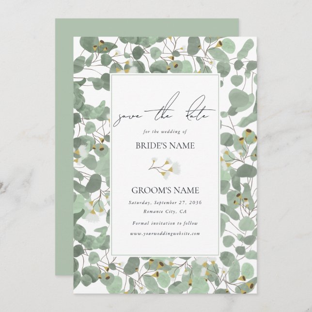 Save The Date Aquarelle Eucalyptus Mariage de fleurs vertes (Devant / Derrière)