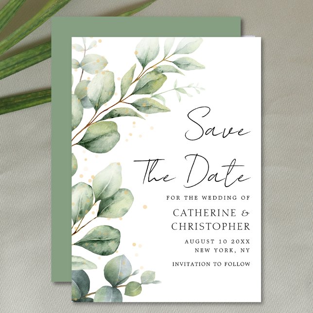Save The Date Aquarelle Eucalyptus Mariage de script vert (Créateur téléchargé)