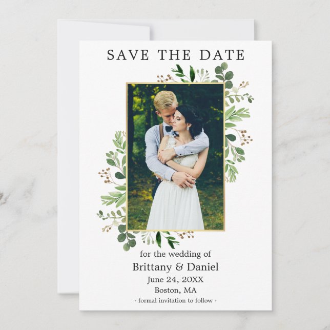 Save The Date Aquarelle Eucalyptus Photo Gold Frame (Devant)