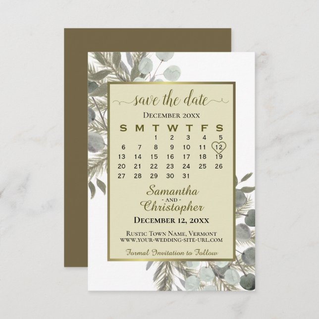 Save The Date Aquarelle Eucalyptus Pine Calendrier Gold Mariage (Devant / Derrière)