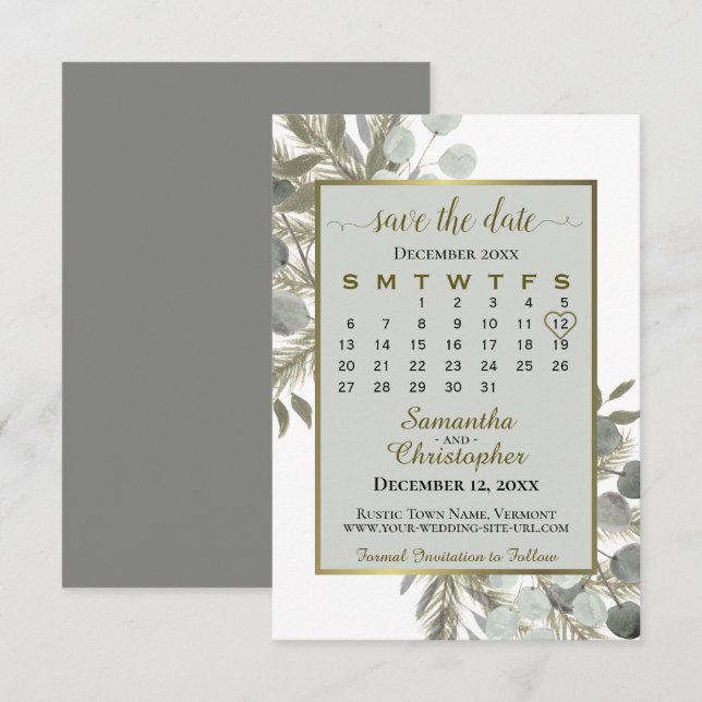 Save The Date Aquarelle Eucalyptus Pine Calendrier Gris Mariage (Devant / Derrière)