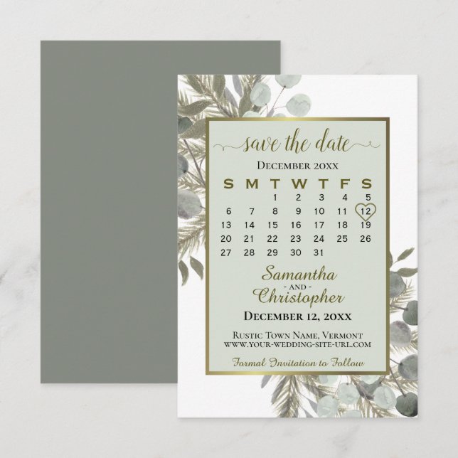 Save The Date Aquarelle Eucalyptus Pine Calendrier Sage Mariage (Devant / Derrière)