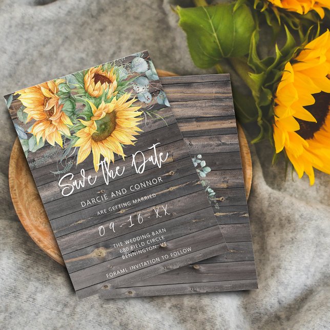 Save The Date Aquarelle Eucalyptus Tournesol Rustique (Rustic Sunflower Eucalyptus Watercolor Save The Date)