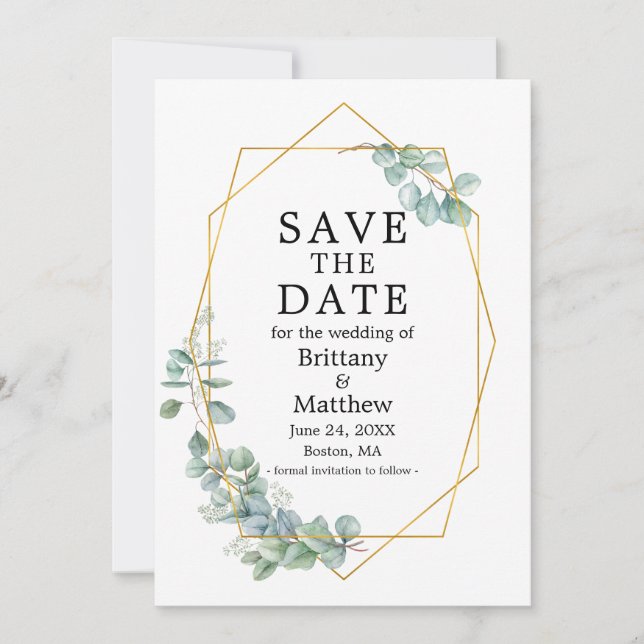 Save The Date Aquarelle Eucalyptus Verdure Gold Geo Frame (Devant)