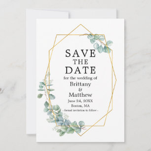 Save The Date Aquarelle Eucalyptus Verdure Gold Geo Frame