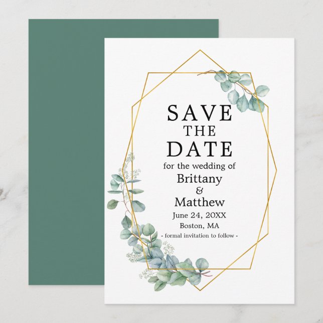Save The Date Aquarelle Eucalyptus Vert Geo Cadre (Devant / Derrière)