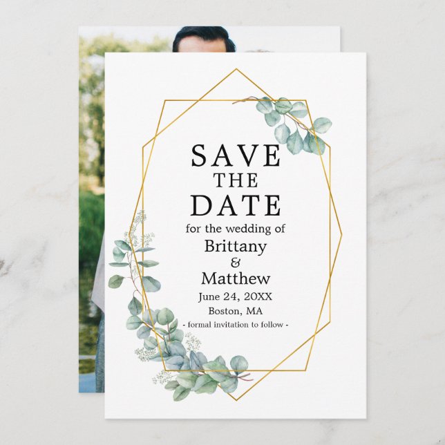 Save The Date Aquarelle Eucalyptus Vert Photo Geo Cadre Save (Devant / Derrière)