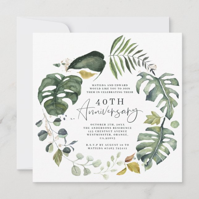 Save The Date Aquarelle feuillage 40e anniversaire mariage invit (Devant)