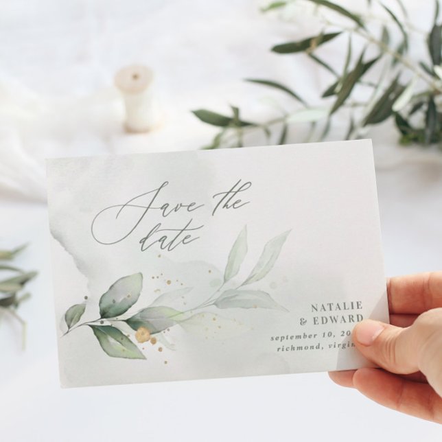 Save The Date Aquarelle feuillage et mariage d'or métallique (Créateur téléchargé)