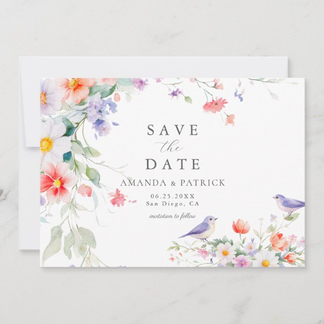 Save The Date Aquarelle fleur sauvage Botanique Printemps Mariag (Devant)