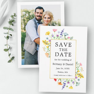 Save The Date Aquarelle Fleur sauvage Photo Gold Enregistrer la