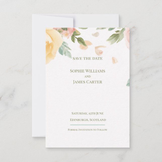 Save The Date Aquarelle Fleurie Rose Pêche Mariage Écossais (Devant)