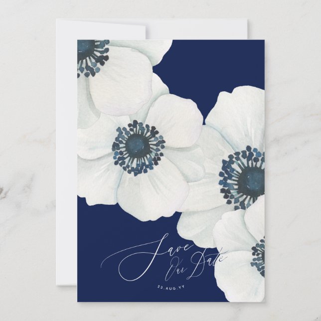 Save The Date Aquarelle Fleurs à vent Marine Bleu & Blanc Mariag (Dos)