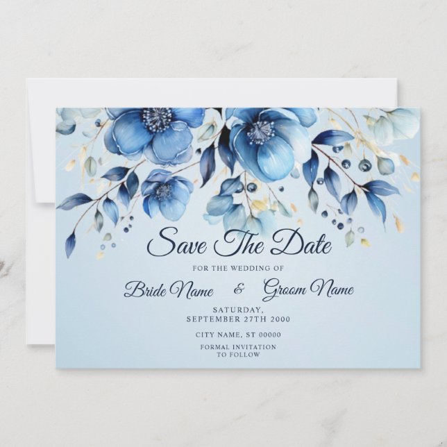 Save The Date Aquarelle Fleurs Bleues Enregistrer La Date (Devant)