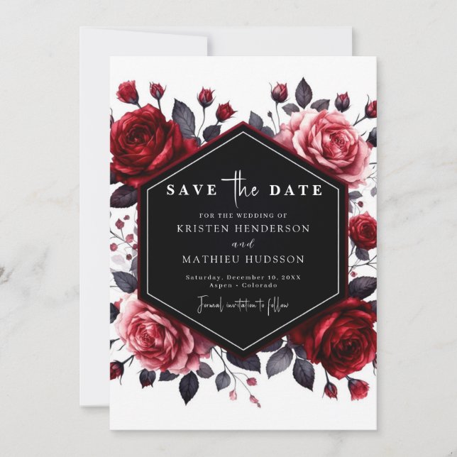 Save The Date Aquarelle Fleurs Crimson Mariage rouge (Devant)
