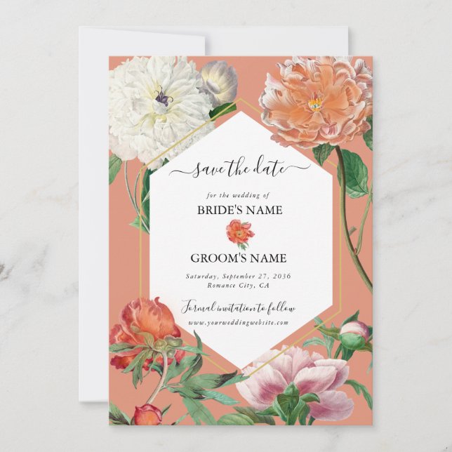Save The Date Aquarelle Fleurs de pivoines roses pêche Mariage (Devant)