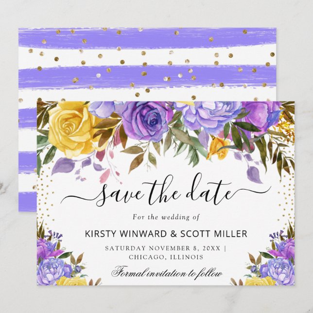 Save The Date Aquarelle Fleurs Mariage Été Jaune Violet (Devant / Derrière)
