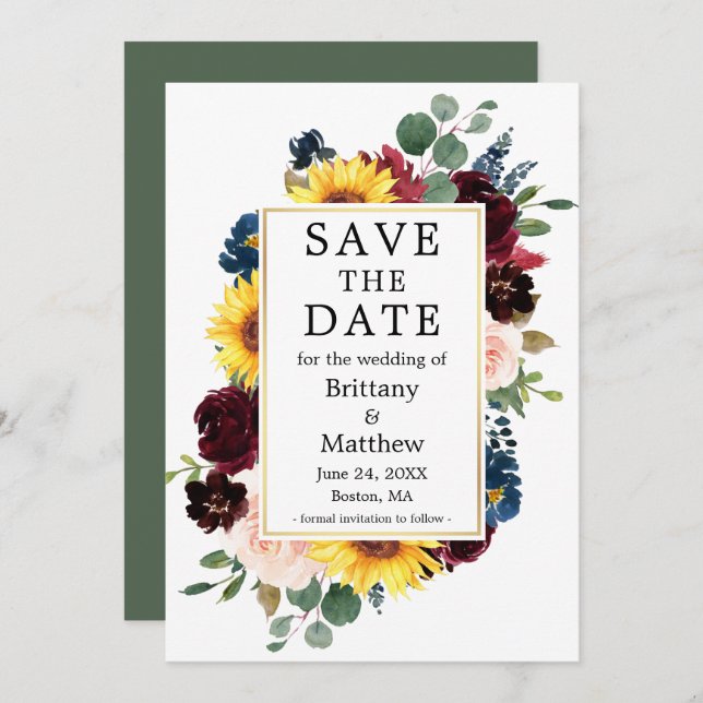 Save The Date Aquarelle Fleurs Mixtes Eucalyptus Or (Devant / Derrière)