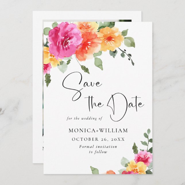 Save The Date Aquarelle Fleurs rose vif Photo Mariage (Devant / Derrière)