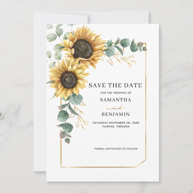 Save The Date Aquarelle Fleurs Soleil Eucalyptus Mariage (Devant)