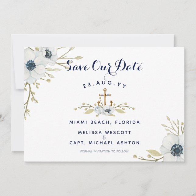 Save The Date Aquarelle Floral Anémonique Marine Mariage nautiqu (Devant)