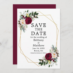 Save The Date Aquarelle Floral Bourgogne Blanc Cadre Geo