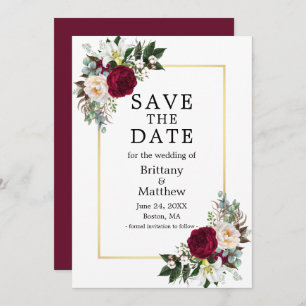 Save The Date Aquarelle Floral Bourgogne Blanc Or Frame
