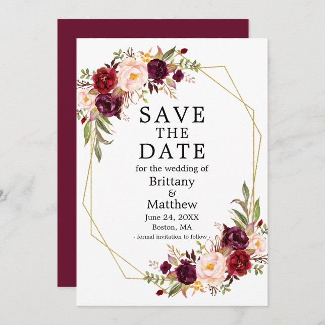 Save The Date Aquarelle Floral Bourgogne Gold Geo Frame (Devant / Derrière)
