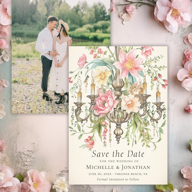 Save The Date Aquarelle Floral Chandelier Mariage photo (Watercolor Floral Chandelier Wedding Photo Save The Date)