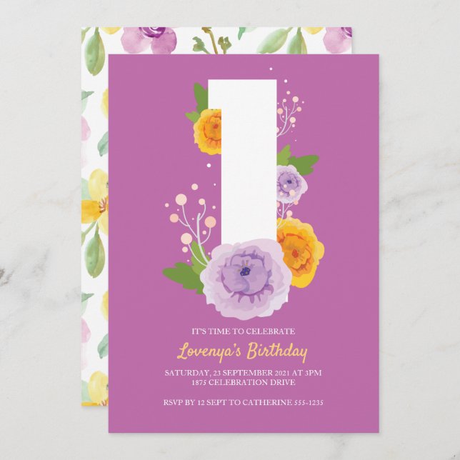 Save The Date Aquarelle Floral Joli Enfants 1er anniversaire (Devant / Derrière)