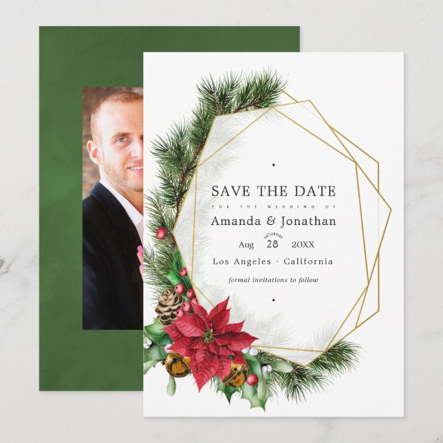 Save The Date Aquarelle Floral Noël Mariage géométrique (Devant / Derrière)