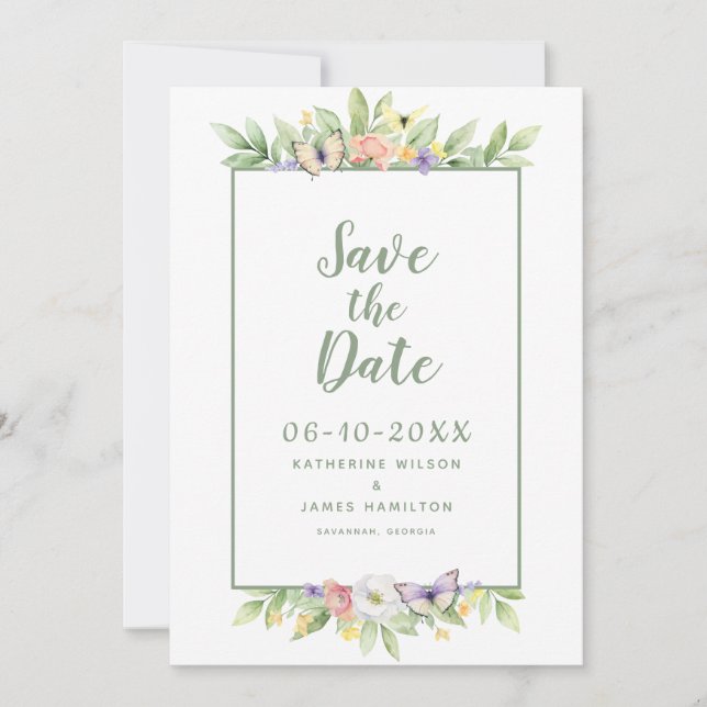 Save The Date Aquarelle Floral Papillon Élégant Mariage Vert (Devant)