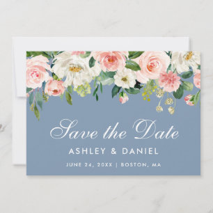 Save The Date Aquarelle Floral Rose Blanc Dusty Bleu