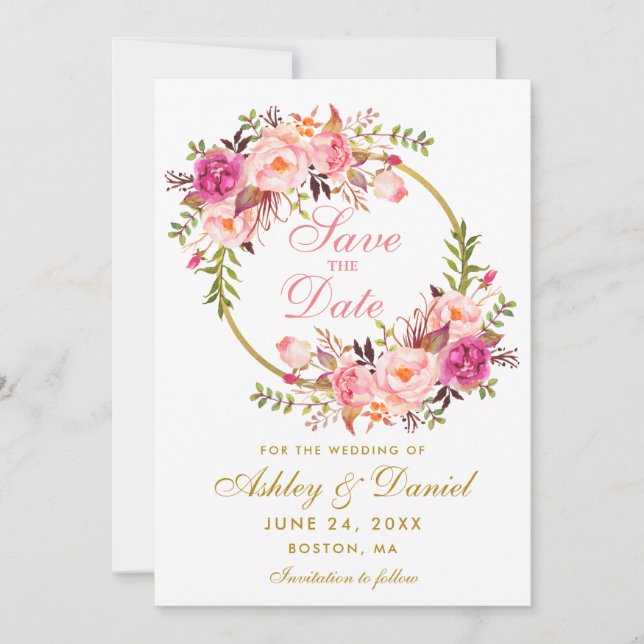 Save The Date Aquarelle Floral Rose Wreath Or Enregistrer La Dat (Devant)