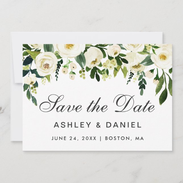 Save The Date Aquarelle Floral Vert Blanc Enregistrer La Date B (Devant)