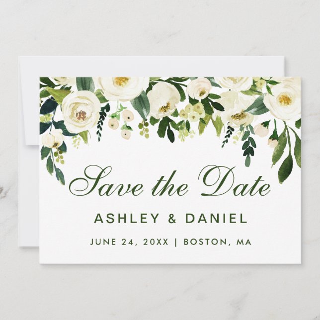Save The Date Aquarelle Floral Vert Blanc Enregistrer La Date BG (Devant)