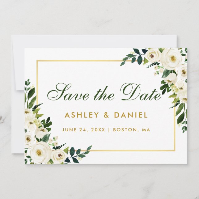 Save The Date Aquarelle Floral Vert Or Blanc Enregistrer La Date (Devant)