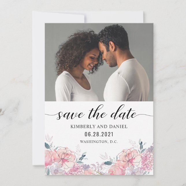 Save The Date Aquarelle florale avec votre photo Enregistrer la  (Devant)