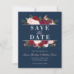 Save The Date Aquarelle florale bleu marine, bleu et bordeaux