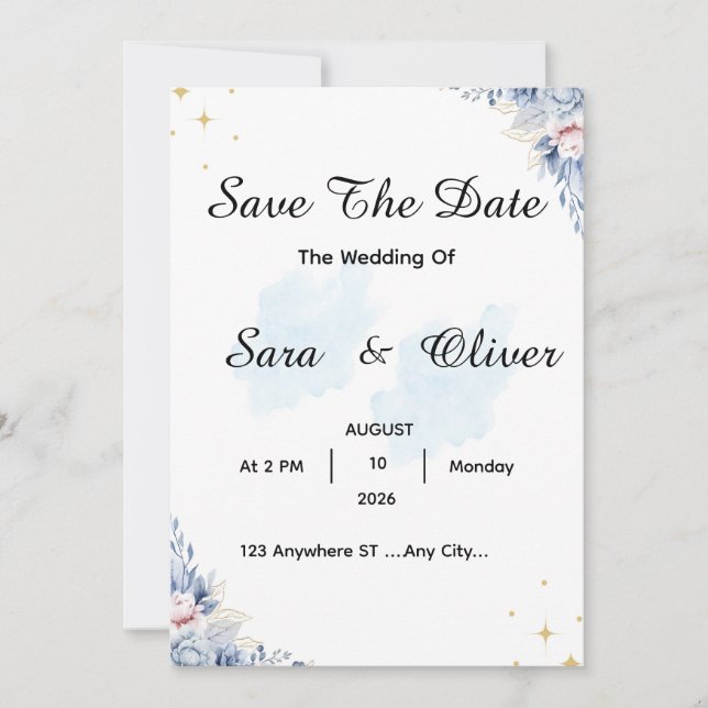 Save The Date Aquarelle Florale Bleue Élégante (Devant)