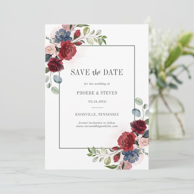 Save The Date Aquarelle Florale Bourgogne Dusty Bleu Rustique (Debout devant)