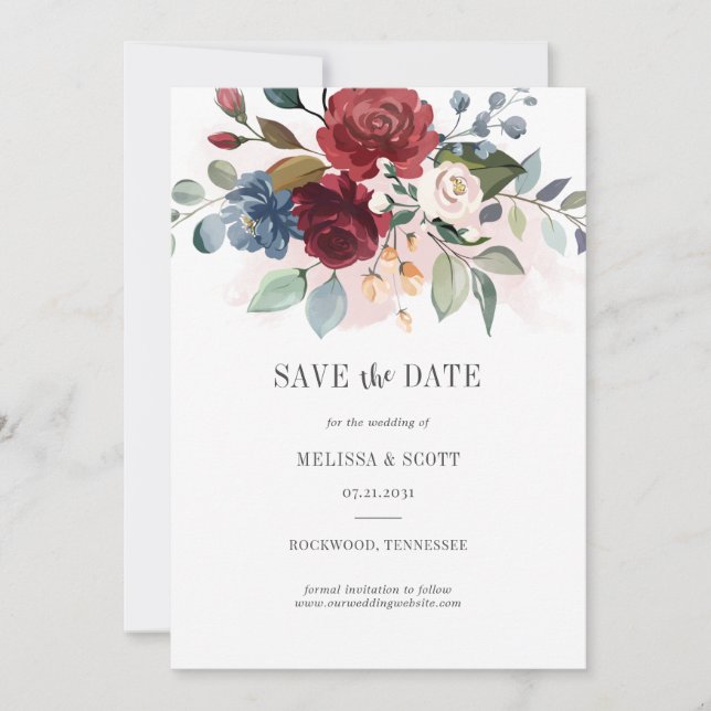 Save The Date Aquarelle Florale Bourgogne Dusty Bleu Rustique (Devant)