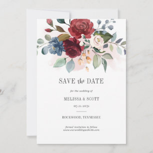 Save The Date Aquarelle Florale Bourgogne Dusty Bleu Rustique