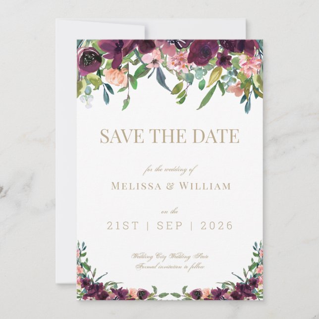Save The Date Aquarelle Florale Bourgogne Or Mariage Floral (Devant)