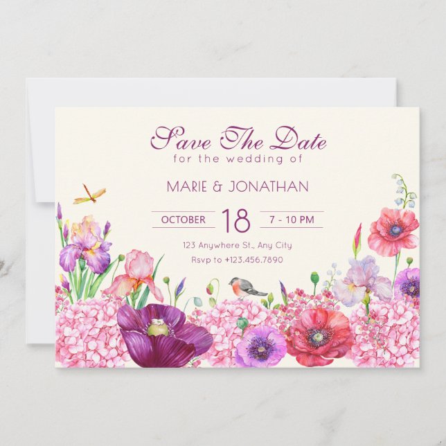 Save The Date Aquarelle florale branche oiseau nature mariage (Devant)