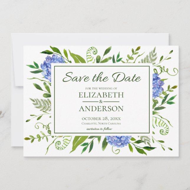 Save The Date Aquarelle florale d'hydrangeas bleus (Devant)