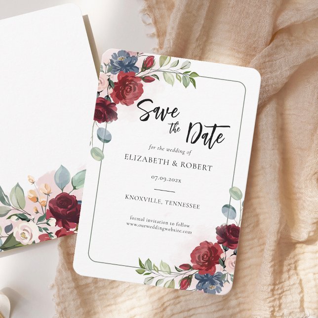 Save The Date Aquarelle Florale Élégant Mariage Moderne (Watercolor Floral Burgundy Script Save the Date Announcement)