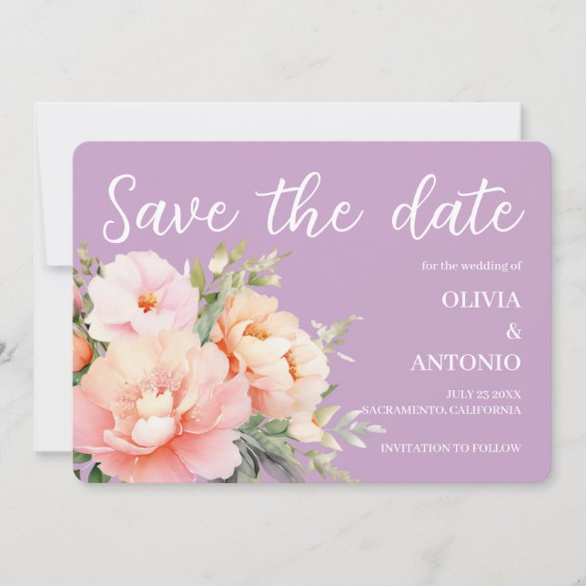 Save The Date Aquarelle florale moderne Peony Lilac (Devant)