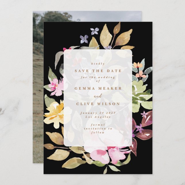 Save The Date Aquarelle florale noire Mariage photo (Devant / Derrière)