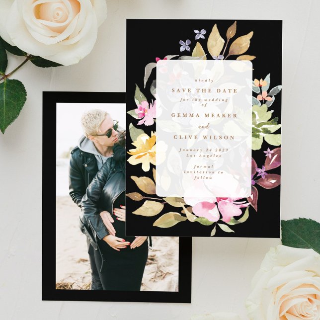 Save The Date Aquarelle florale noire Mariage photo (Créateur téléchargé)
